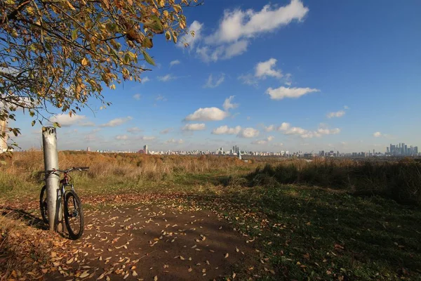 Bicicleta Otoño Primer Plano Vista Panorámica Ciudad Moscú Desde Las — Foto de Stock