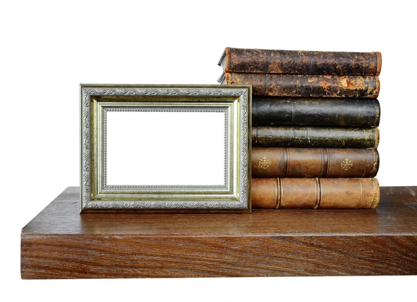 Stack Old Books Antique Empty Photo Frame Wooden Bookshelf Isolated — Stock Photo, Image