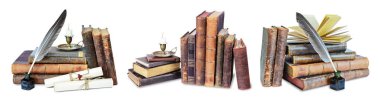 Set of compositions of old books, candle in candlestick, feather in inkpot and scroll with stamp, isolated on black background clipart