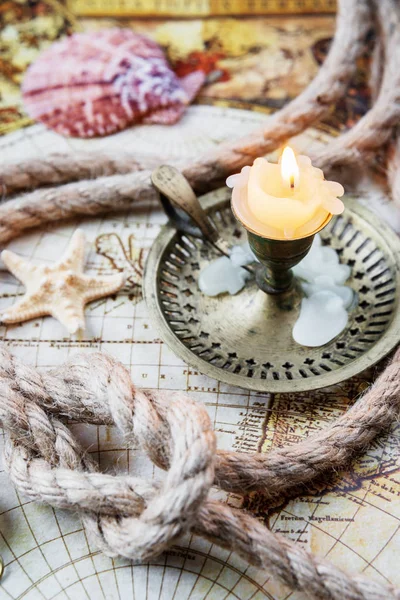 Time Adventures Antique Candlestick Burning Candle Rope Knot Old World — Stock Photo, Image