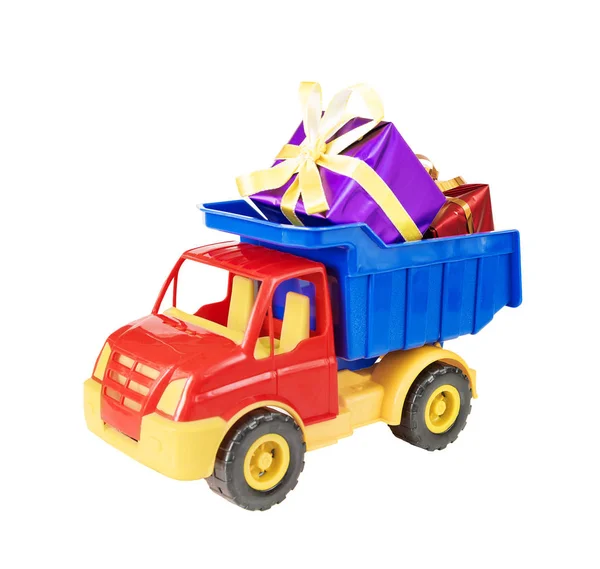 Camion Jouet Plastique Multicolore Porte Des Boîtes Cadeaux Attachées Avec — Photo