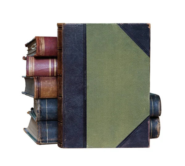 Древняя Книга Зеленой Твердой Обложке Фоне Стопки Толстых Книг Изолированных — стоковое фото