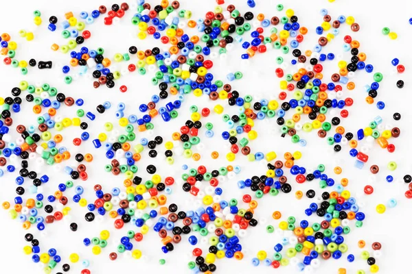 Many Multi Colored Beads Needlework Scattered White Background — Stock Photo, Image