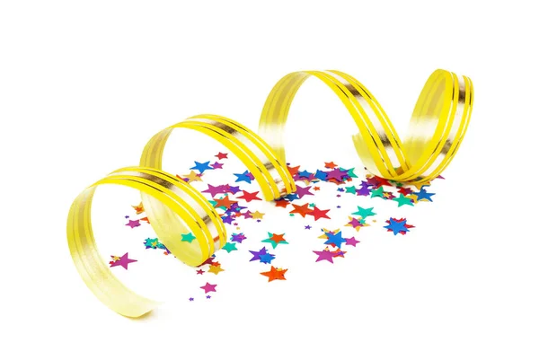Multicolored Confetti Shape Stars Yellow Ribbon Golden Stripes Coiled Spiral — Stock Photo, Image