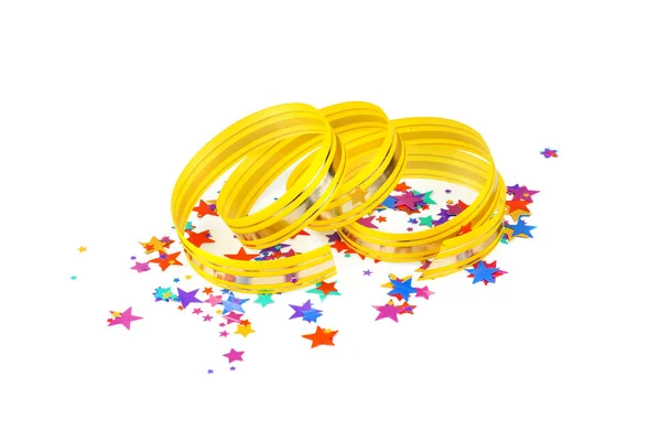 Multicolored Confetti Shape Stars Yellow Ribbon Golden Stripes Coiled Spiral — Stock Photo, Image