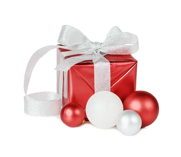 Red Gift Box Tied Silver Ribbon Beautiful Bow Christmas Baubles — Stock Photo, Image