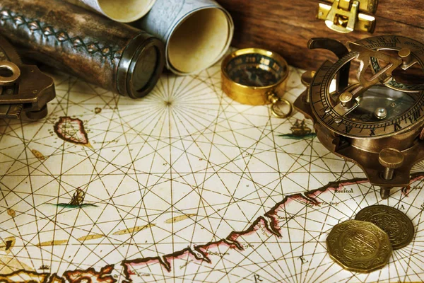 Vintage Toned Men Still Life Compass Sextant Spyglass Old Maps — стоковое фото