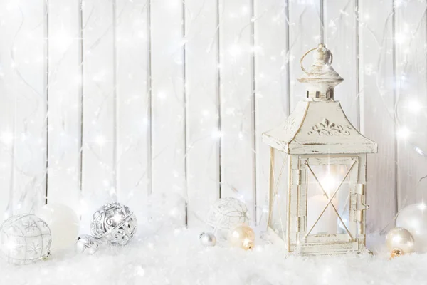 Beautiful Festive Background Burning Candle White Lantern Christmas Ornaments Snow — Stock Photo, Image