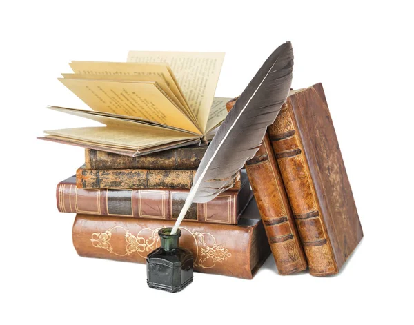 Pile Old Books Quill Inkwell Isolated White Background — Stock Photo, Image