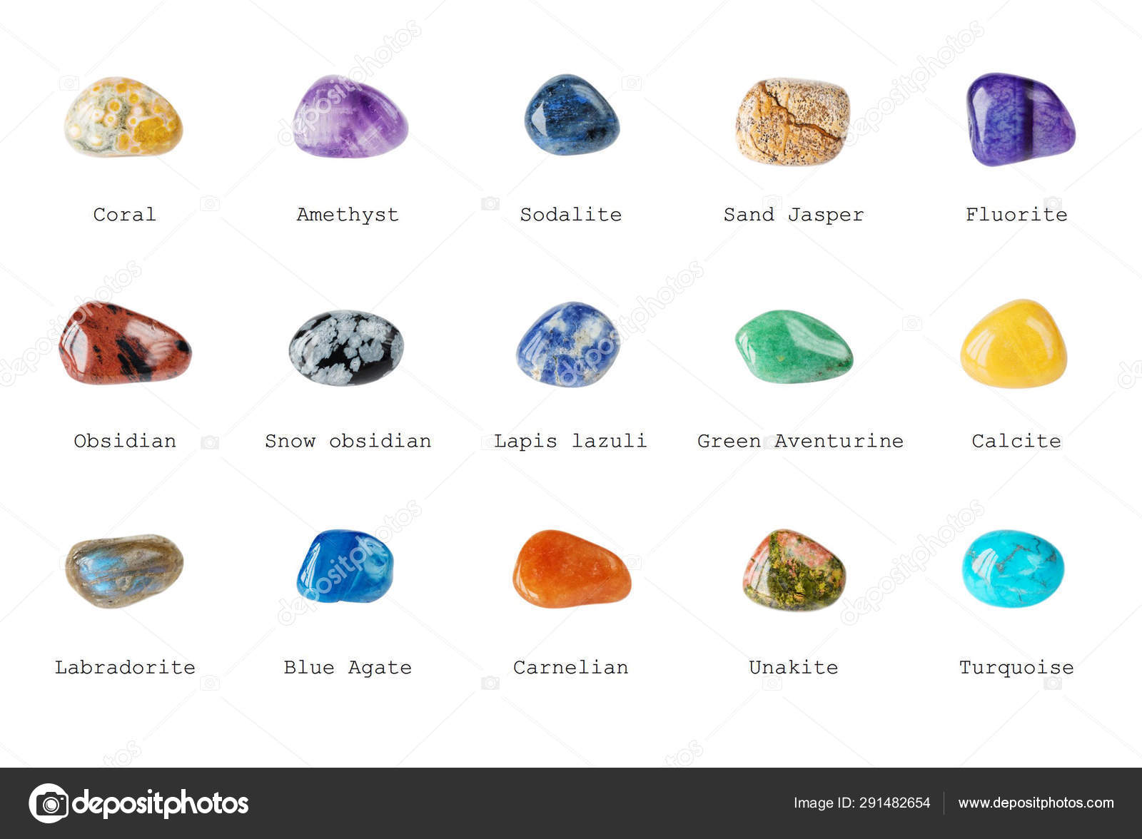 Diversas Piedras Preciosas Pulidas Con Nombres Aisladas Imagen de