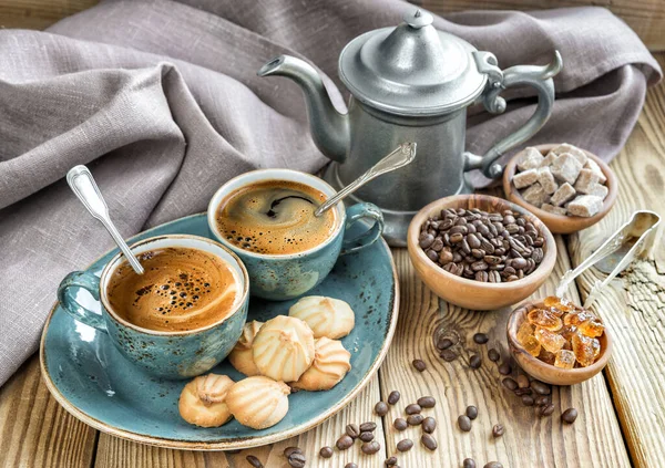 Two Blue Cups Black Coffee Cookies Coffee Pot Surrounded Linen — Stock Photo, Image