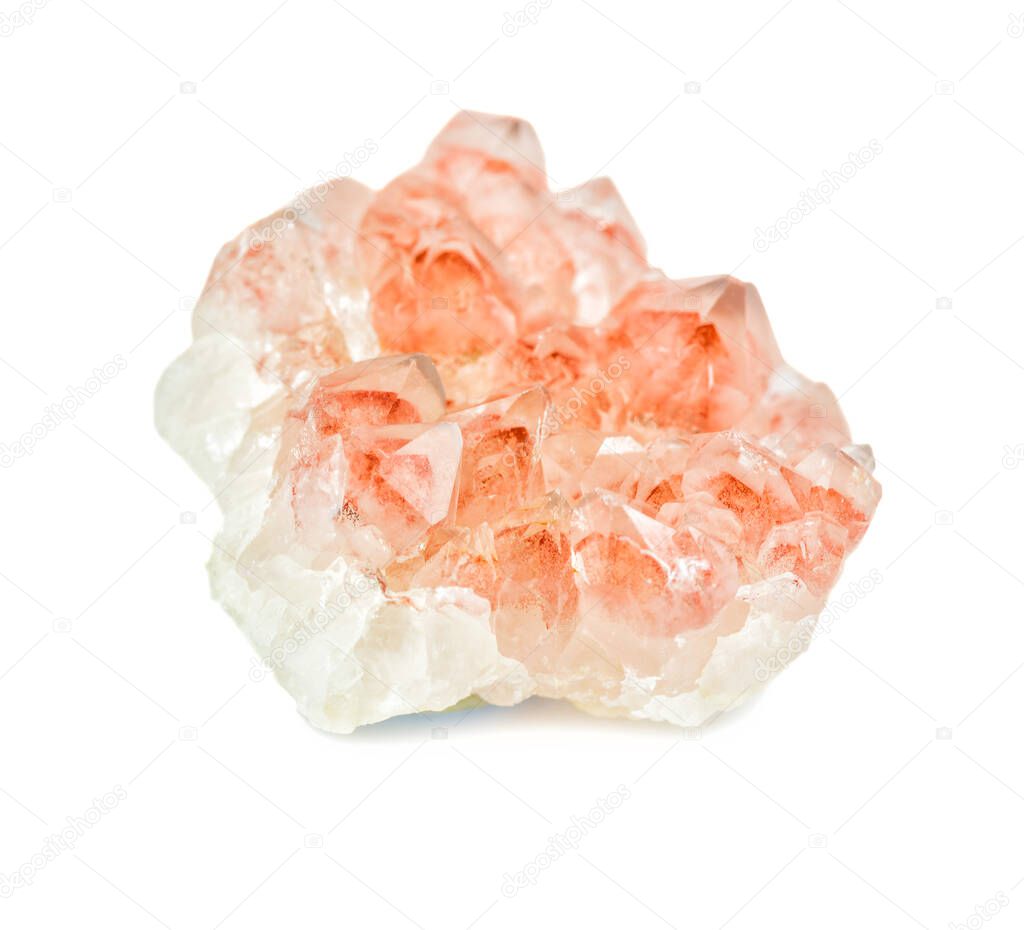 Cluster of crystals of strawberry quartz mineral with red inclusions of hematite close-up isolated on a white background