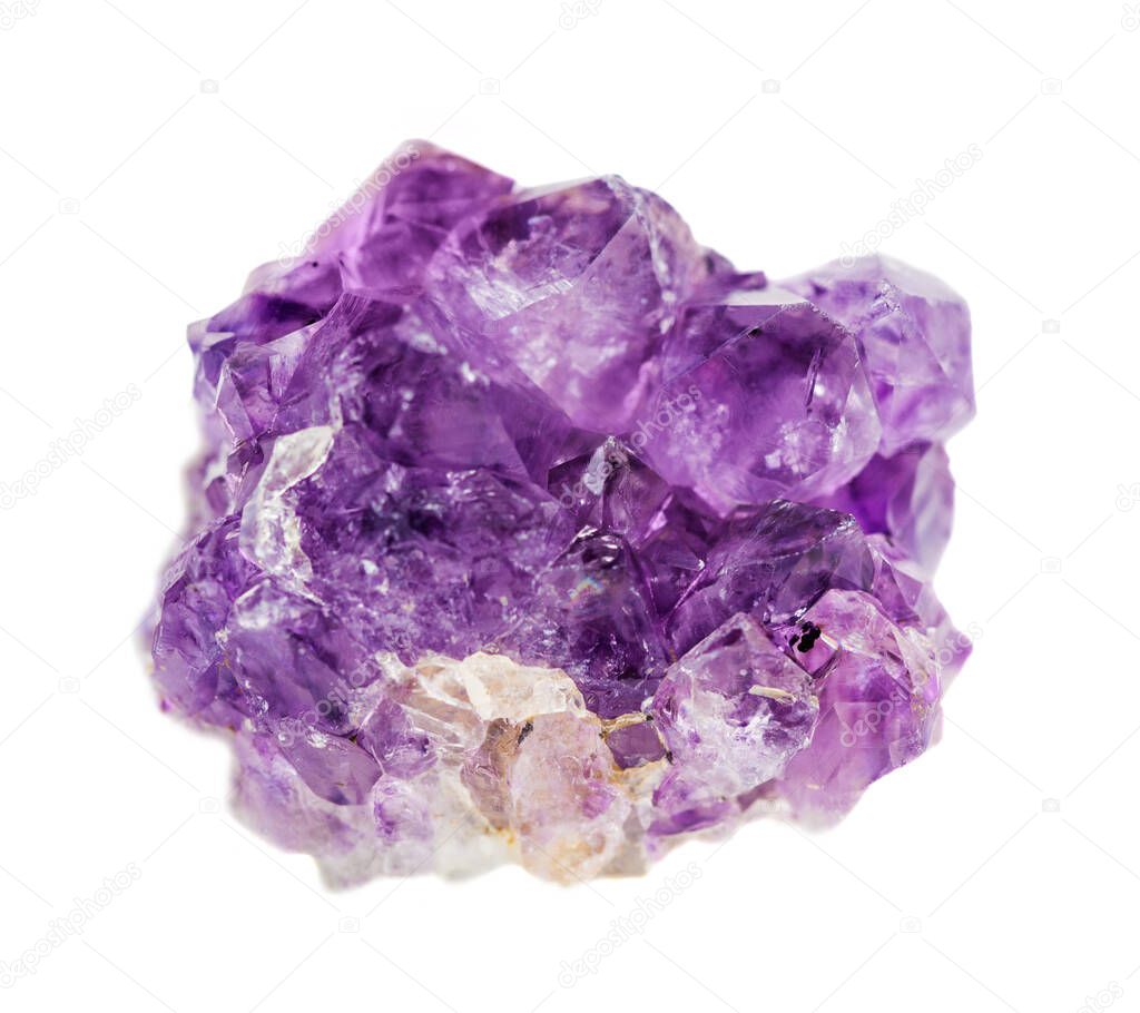 Cluster of purple Amethyst crystals from Uruguay isolated on a white background