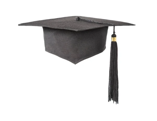 Chapéu Graduação Quadrado Preto Com Borla Isolado Fundo Branco — Fotografia de Stock