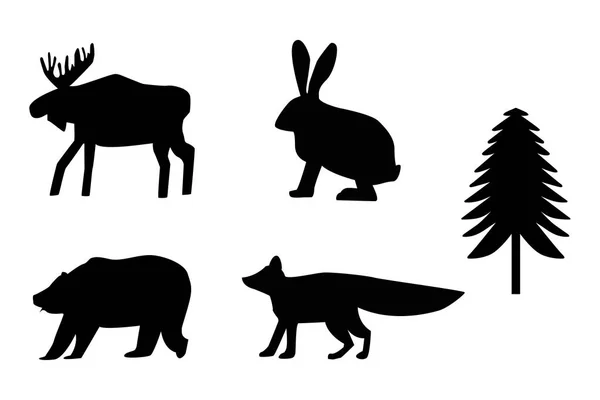 Siluettes forest animals black and white — Stock Vector