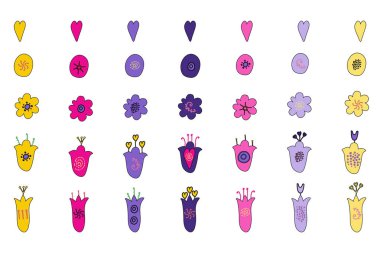 Elle çizilmiş çiçek doodle. Pembe, mor, sarı, mor çiçekler. 