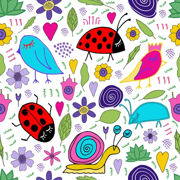 Hand dras snigel, fågel, bugg, nyckelpiga, blommor, blad doodle. Seamless mönster. Utskrift för barn — Stock vektor
