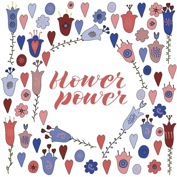 Handen ritade blommor och hjärtan doodle. Blå, röda blommor. Flower power bokstäver. — Stock vektor
