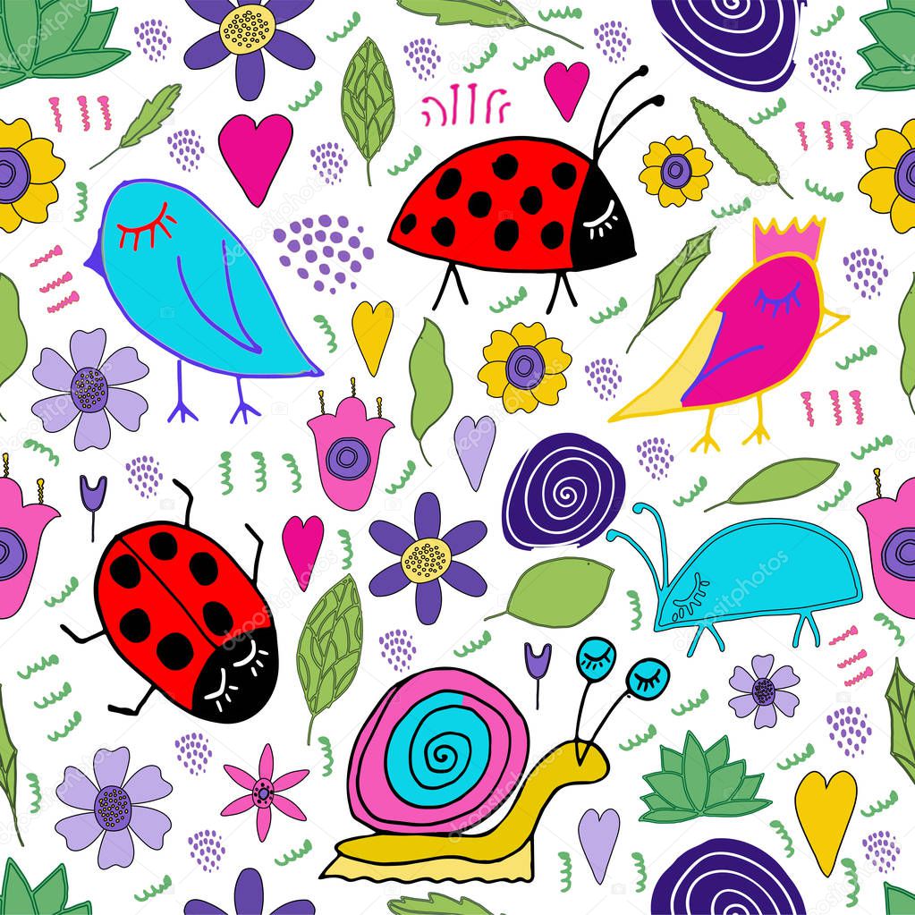 Hand drawn snail, bird, bug, ladybug, flowers, leaves doodle. Seamless pattern. Print for kids design