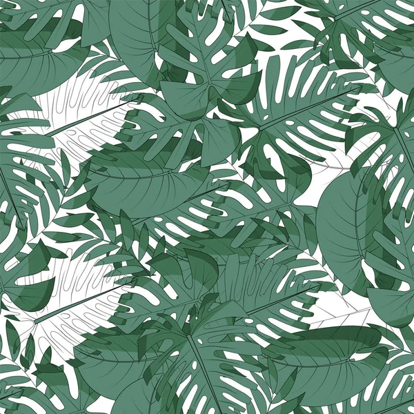 Monstera, hojas de palma, filodendro. Esqueletos de hojas y hojas llenas para colorear . — Vector de stock