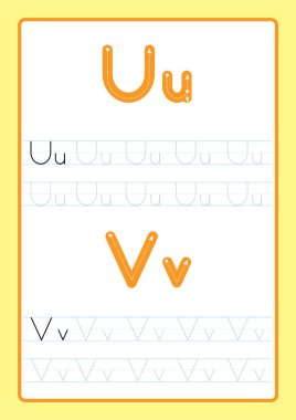 ABC alfabesi harfleri izleme çalışma alfabesinde geçerli olan harfleri ile. Temel yazma uygulama anaokulu çocukları A4 kağıt vektör çizim yazdırmaya hazır için