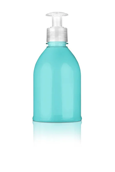 Hand lotion turquoise plastic bottle, with nice reflection on the surface, isolated on transparent or white background