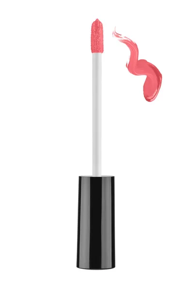 Black lip gloss brush with pink color sample stroke, isolated on white background, clipping path included