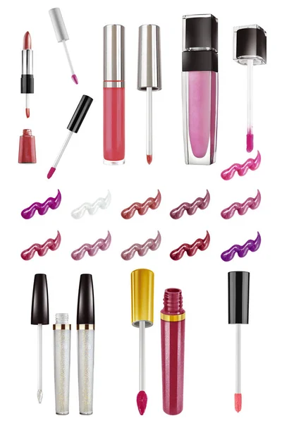 Different types of lip gloss products and smeared lip gloss samples set, isolated on white background, clipping paths included
