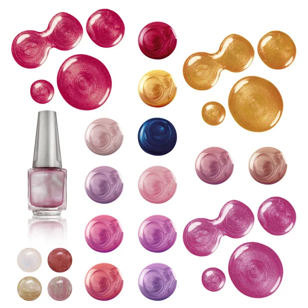 Glossy with glitter nail polish large collection of smeared blots and a sample product, isolated on white background, clipping paths included