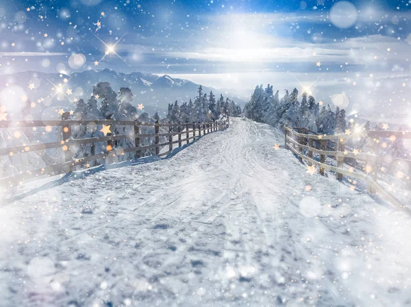 Christmas scenic background with falling snow, bokeh soft lights and golden stars decorations. Winter snow wonderland landscape.