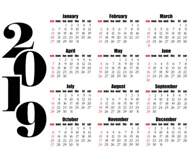 Takvim 2019 yıl düz tasarım, basit tarzı. Hafta Pazar başlar. Yıl tasarım yaratıcı düz sayı