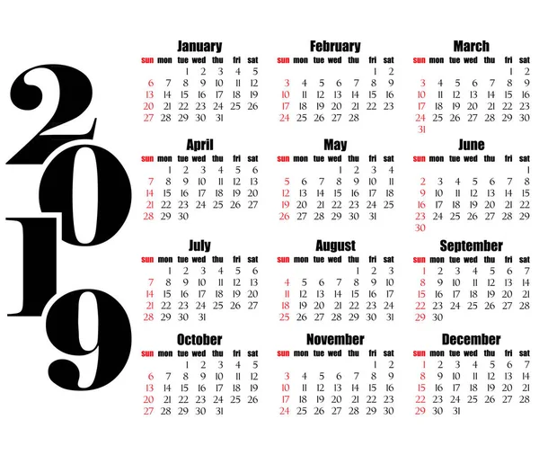 Takvim 2019 yıl düz tasarım, basit tarzı. Hafta Pazar başlar. Yıl tasarım yaratıcı düz sayı