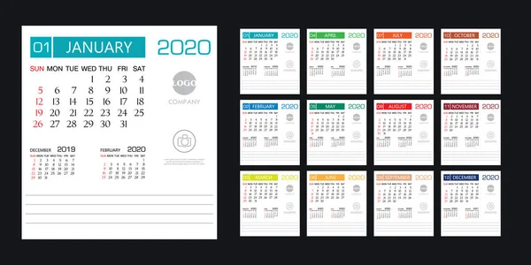 Calendario 2020 plantilla diseño creativo, diseño de portada, conjunto de 12 meses, la semana comienza el domingo, diseño de papelería, diseño de folleto — Archivo Imágenes Vectoriales