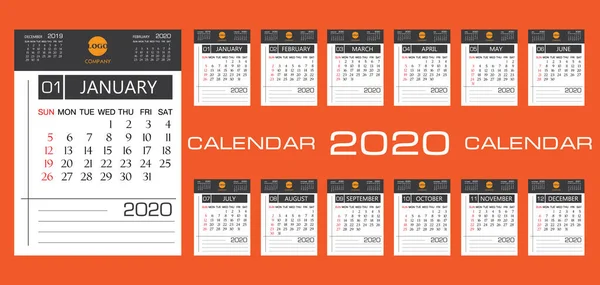 Calendario 2020 plantilla diseño creativo, diseño de portada, conjunto de 12 meses, la semana comienza el domingo — Archivo Imágenes Vectoriales