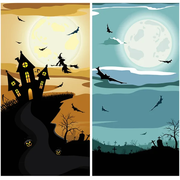 할로윈 깃발에 밤하늘, 마녀, 박쥐, 묘지, 무서운 집 과 달이 그려져 있다 — 스톡 벡터