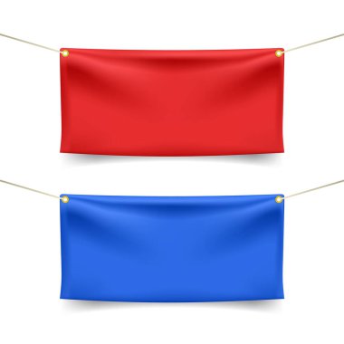 Beyaz Arkaplanda Katlanan Kırmızı ve Mavi Tekstil Afişleri. İzole Vektör Elementleri 