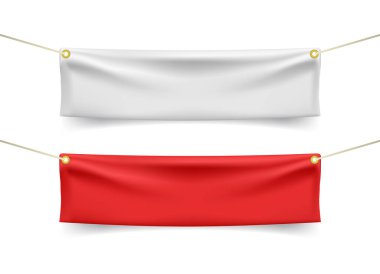 Beyaz ve Kırmızı Tekstil Sancakları, Beyaz Arkaplan 'da Folds ve Halatlar. İzole Vektör Elementleri 