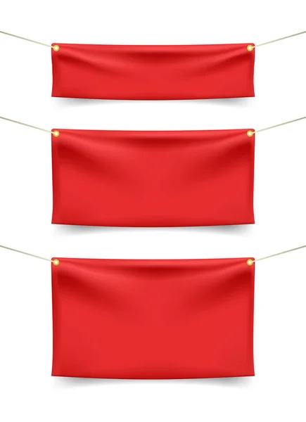 Ensemble Bannières Textiles Rouges Avec Des Plis Avec Des Cordes — Image vectorielle