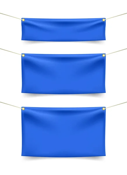 Set Banners Textiles Azules Con Pliegues Con Cuerdas Sobre Fondo — Vector de stock