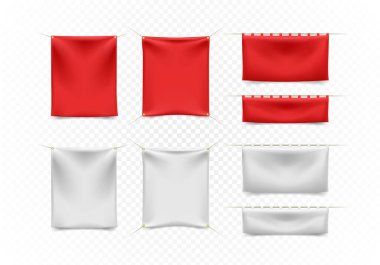 Yüksek Kalite Kırmızı ve Beyaz Tekstil Afişleri ve Beyaz Arkaplanda Halatlar. İzole Vektör Elementleri 
