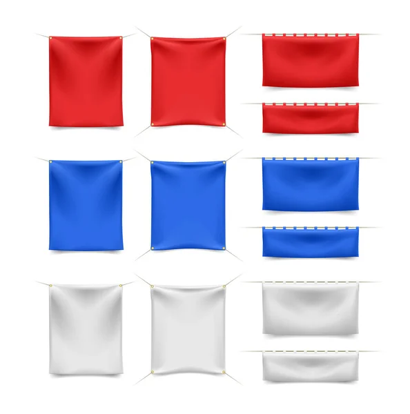 Set High Quality Red Blue White Textile Banners Folds Ropes — Stock Vector