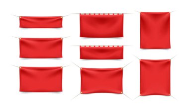 Beyaz Arkaplanda Halatla Katlanmış Kırmızı Tekstil Sancakları. İzole Vektör Elementleri 
