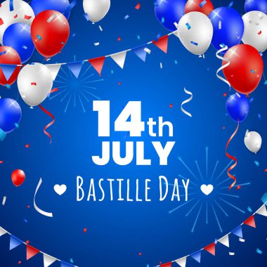 Yüksek Kalite 14 Temmuz Bastille Günü Renkli Arkaplan Balonlu Poster Tasarımı. İzole Vektör Elementleri