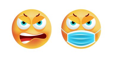 Beyaz Arkaplanda Yüzü Maskeli Şirin Öfkeli Duygusal. İzole Vektör İllüstrasyonu 