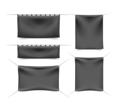 Beyaz Arkaplanda Katlanan Siyah Tekstil Afişleri. İzole Vektör Elementleri 