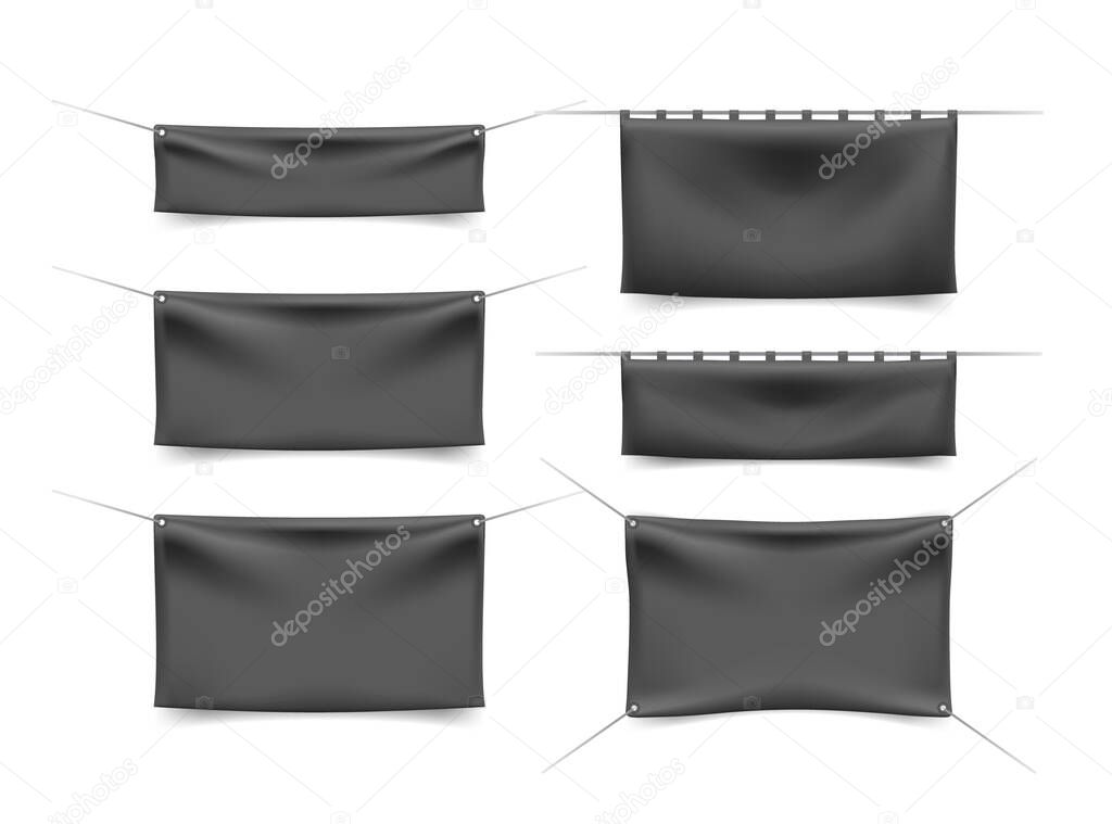 Black Textile Banners with Folds on White Background . Isolated Vector Elements 