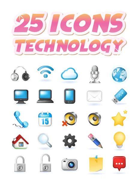 Set Realistic Colored Technological Icon White Background Dalam Bahasa Inggris - Stok Vektor