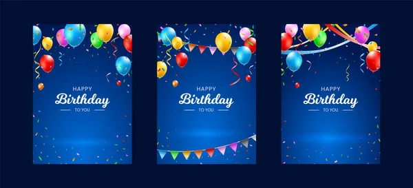 Σετ Happy Birthday Vertical Poster Πολύχρωμα Μπαλόνια Κονφετί Και Streamers — Διανυσματικό Αρχείο