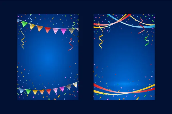 Σύνολο Κατακόρυφης Αφίσας Πολύχρωμα Μπαλόνια Κομφετί Και Streamers Σκούρο Φόντο — Διανυσματικό Αρχείο