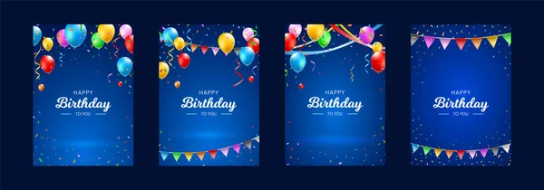 Σετ Happy Birthday Vertical Poster Πολύχρωμα Μπαλόνια Κονφετί Και Streamers — Διανυσματικό Αρχείο